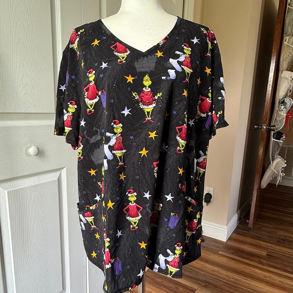 Dr Seuss Grinch Christmas Scrub Top Womens 2XL Black Holiday Nurse Medical